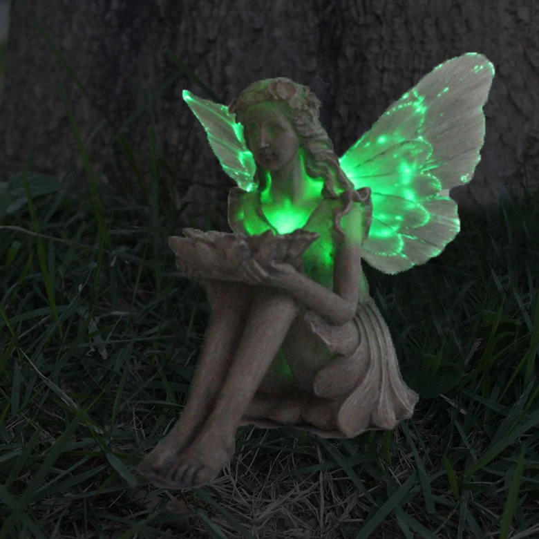 Angel girl LED 5 colours lights solar fairy garden wings outdoor home waterproof decor resin  statue decor bird animal feeders