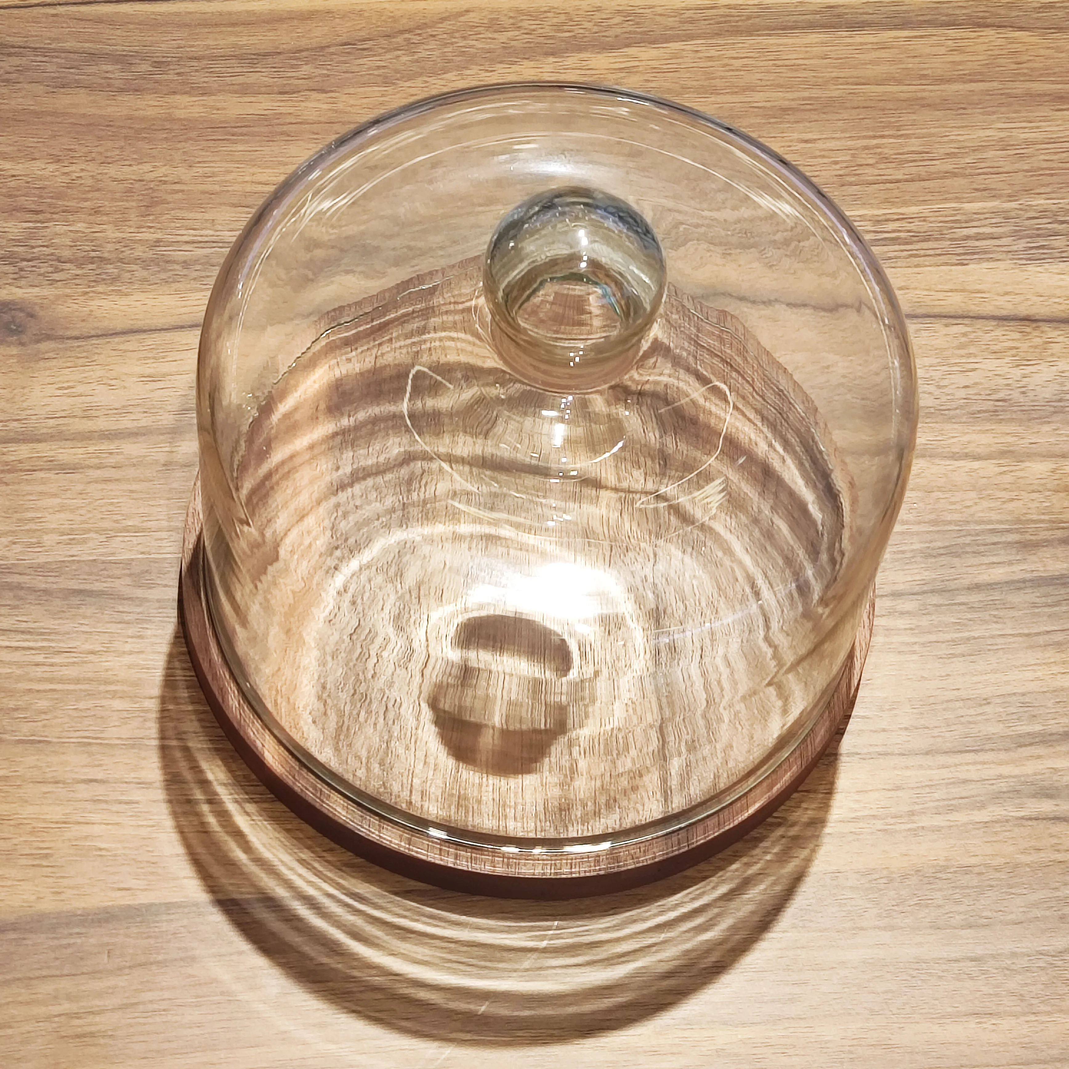 High Quality Acacia Wood Cake Holder Flat Round Wood Server Cake Stand with Glass Dome