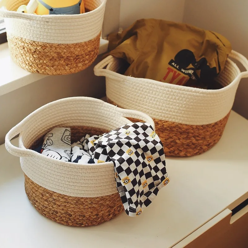 Decorative Hand-woven Cotton Rope with Water Hyacinth Basket Wicker Storage Basket Natural Household Hand Woven Basket Round