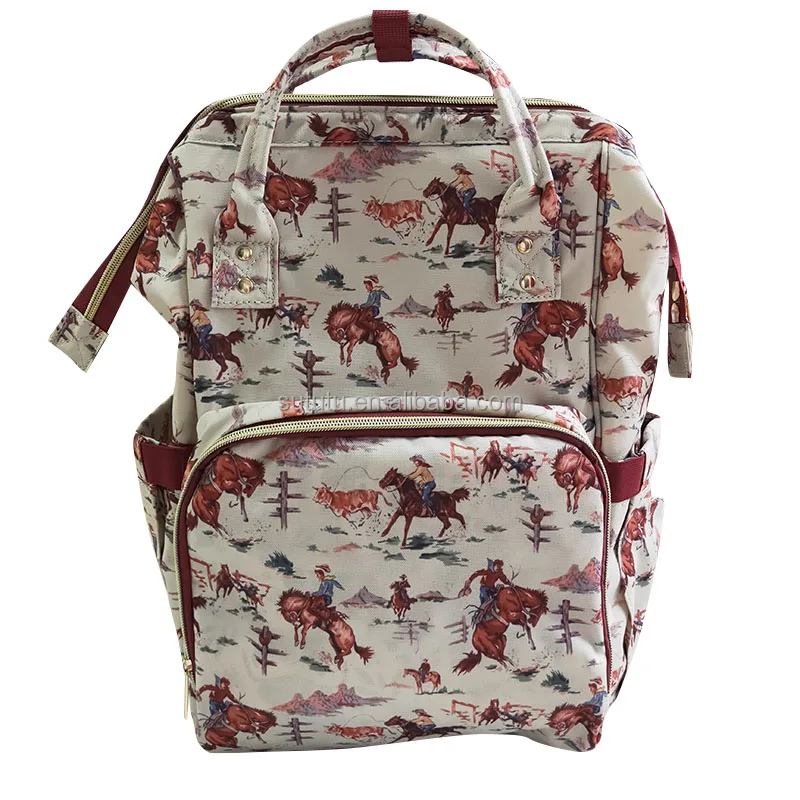 Hot sale High Quality Canvas Backpack bags Pink Floral Highland Cow Print Waterproof Mommy Diaper Bag