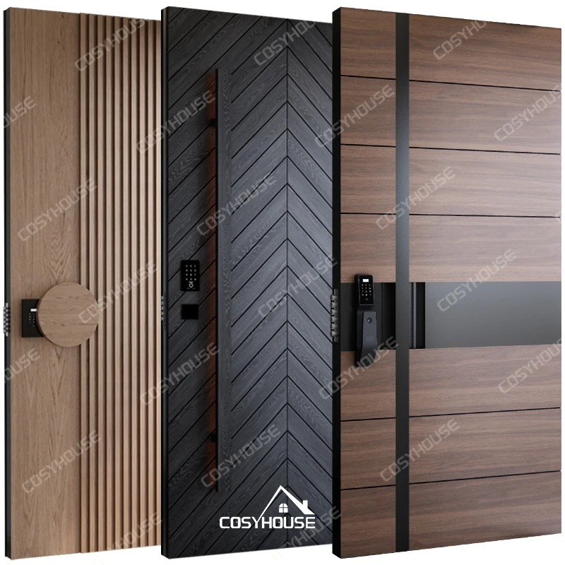 Foshan top manufacturer modern wooden main entrance doors for villa solid wood entry doors front wooden pivot doors for house