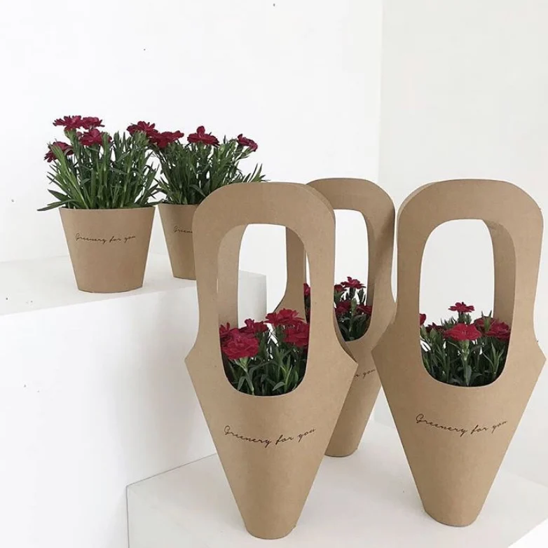 Brown Kraft Paper Black Printed Flower Shop Name Flower Bouquet Carrier bag