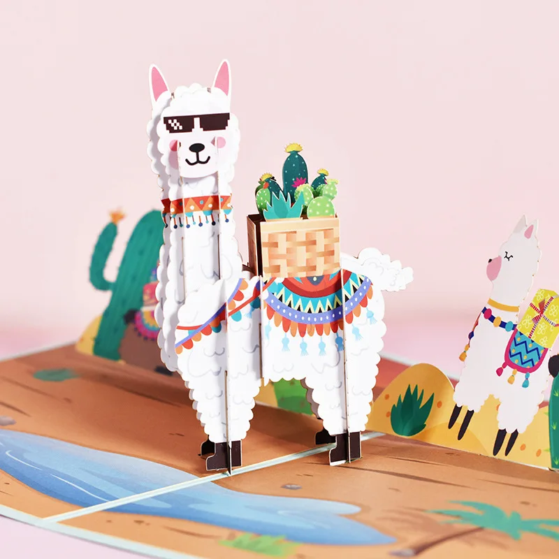 Wholesale Custom Printing Funny Alpaca Kids Happy Birthday 3D Pop Up Greeting Cards with Envelopes OEM Manufacturing
