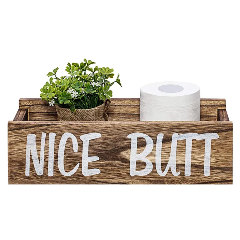 Bathroom Decor Box, Funny Toilet Paper Holder, Wooden Bathroom Box Nice Butt Sign, Farmhouse Rustic Wood Crate Home Decor, Grey
