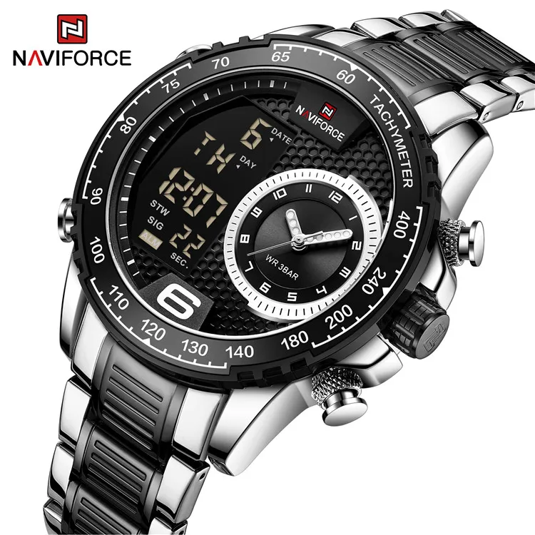 NAVIFORCE NF9199S Fashion Dual Display Stainless Steel Chain Analog Quartz Digital Watch for Men