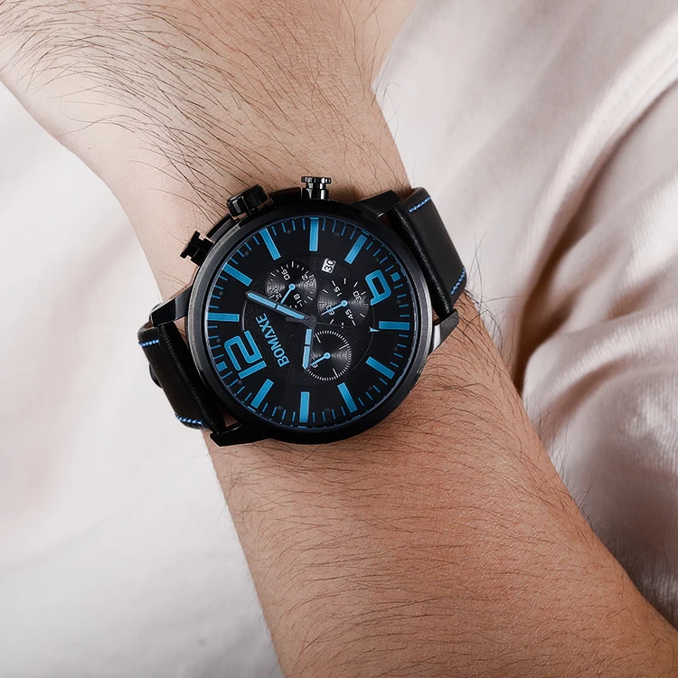 Japan Movement Luminous Three eyes Sapphire Glass 5ATM Water Resistant Genuine Leather Strap Black Men Wrist