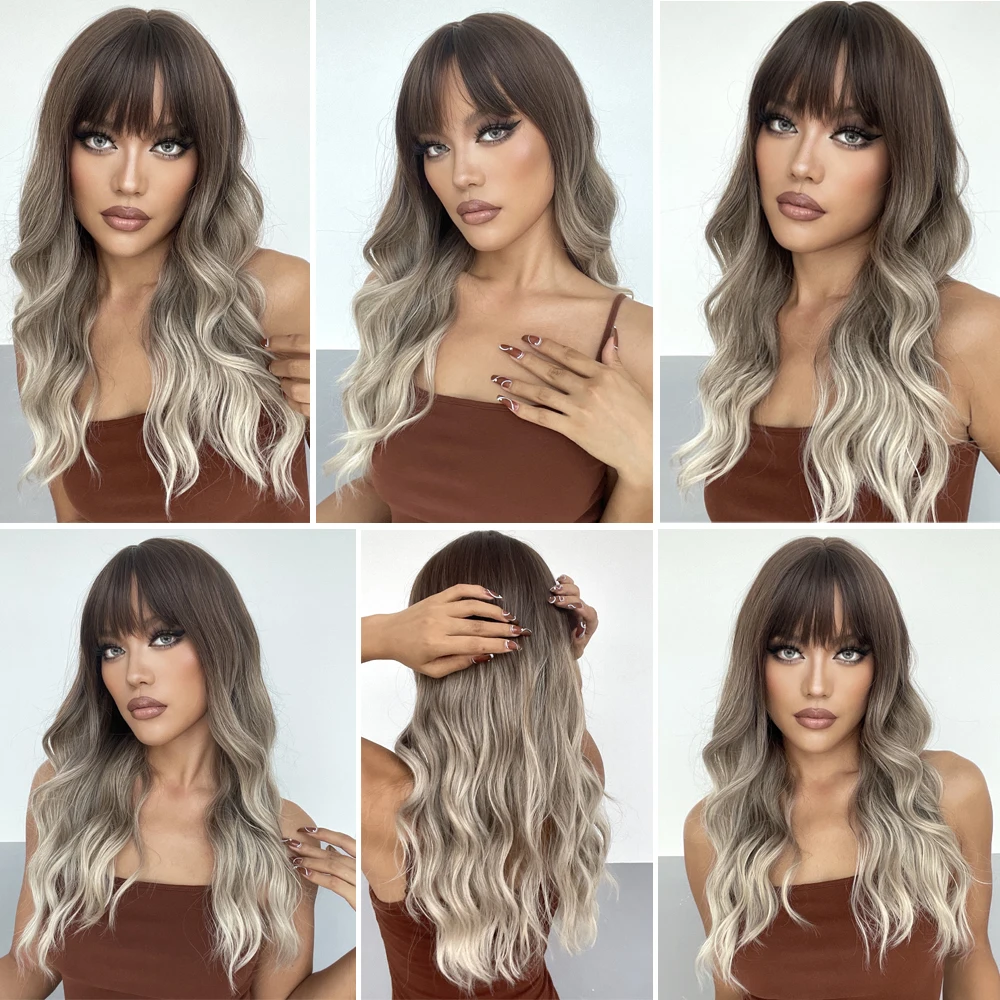 Ash Brown Synthetic Wigs Long Water Wavy Wig Soft Ombre Hair for Daily Party Heat Resistant Wig for Women Cosplay Use