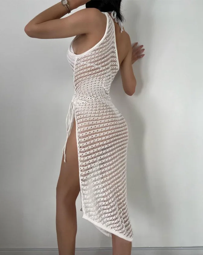 2024 Summer Womens Lingerie Sets Solid Color Sleeveless Sexy One Shoulder Hollow Out Bikini Side Split Crochet Cover Up Dresses