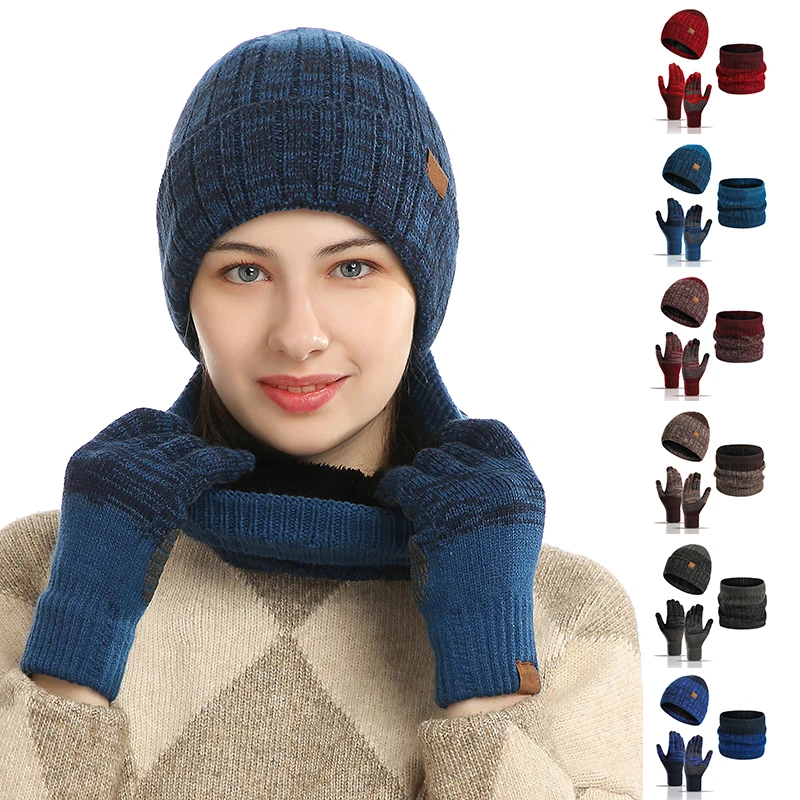 Hot Selling 3 Piece Beanie Set Winter Fashion Warm Ski Sport Beanie Hat Custom Logo Plain Voguish Acrylic Mitten Scarf Set