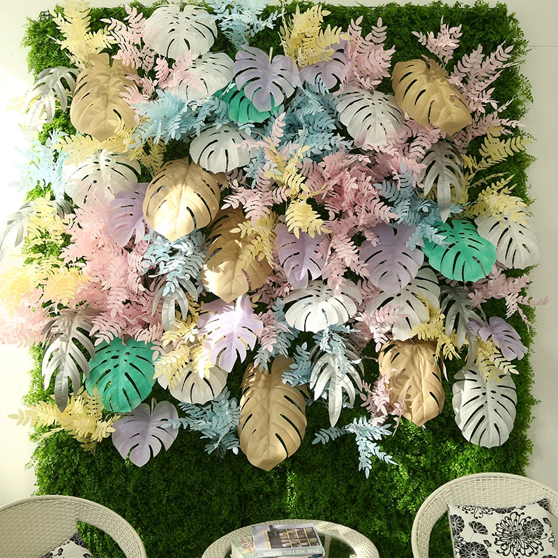 Customized Wedding Backdrop Pink Rose Orange Leaves Wall Hanging Plastic Ferns Artificial Vertical Garden Wall Plant