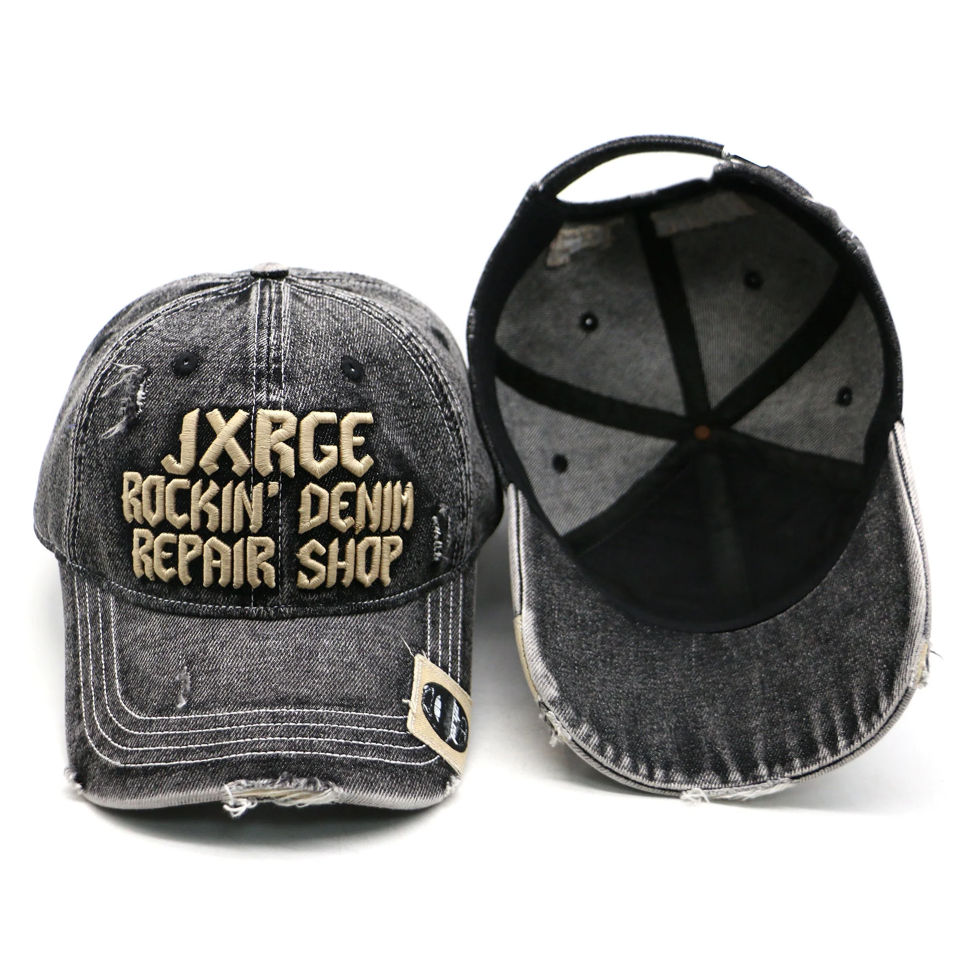 washed denim distressed 6 panel baseball hats curved brim adjustable strap with custom tag