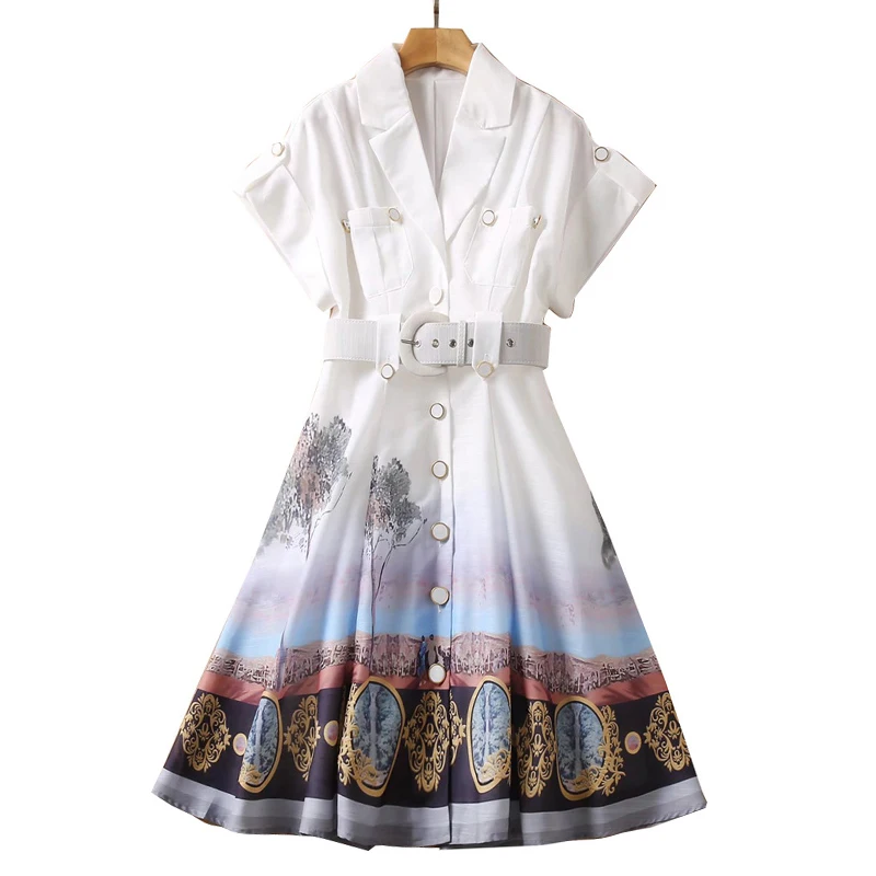 luxury elegant 2022 postcard digital linen cotton official OL dress italy casual blazer flower mini shirt dress with belt