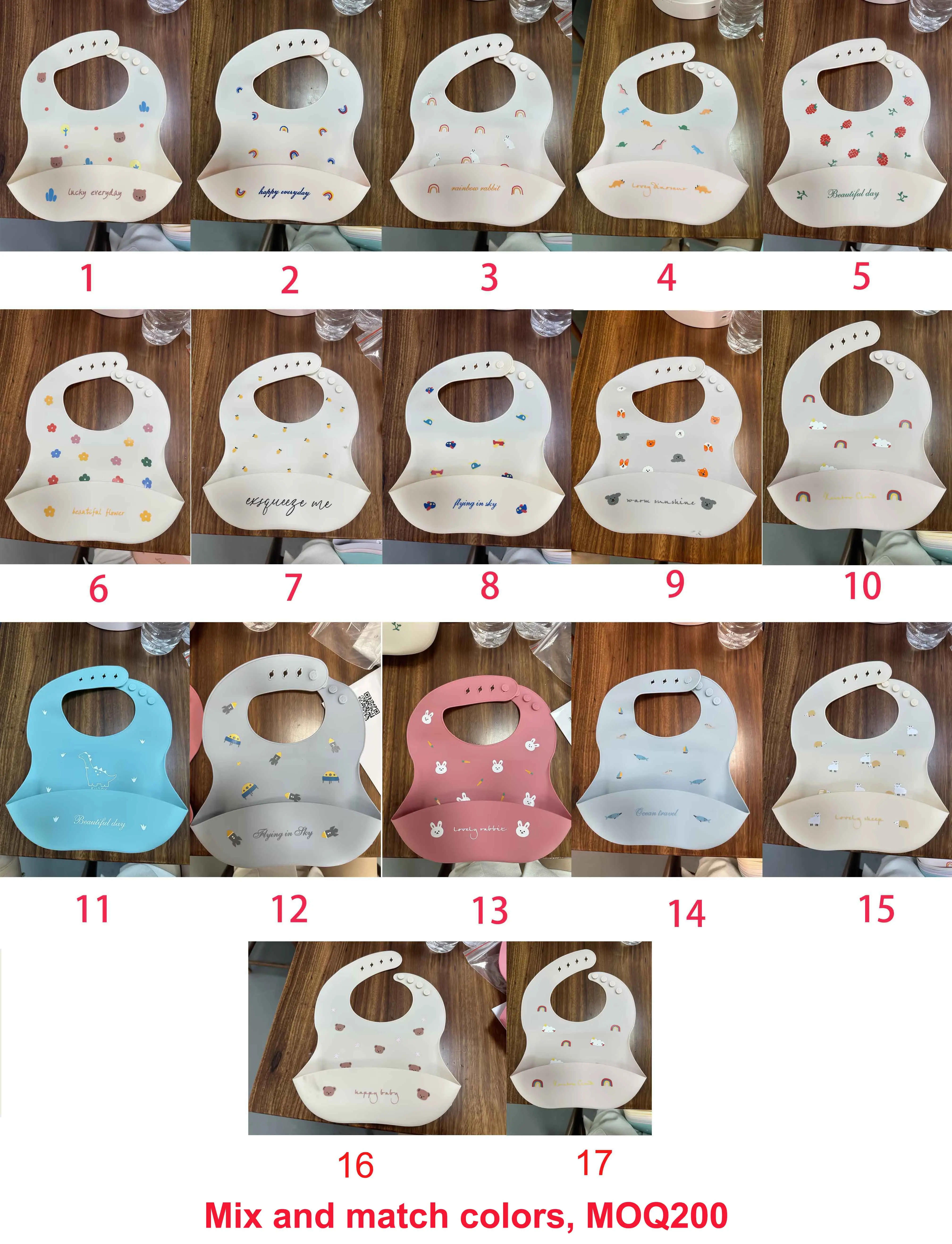 OEM baby feeding silicone bibs waterproof soft apron smock baby tableware bibs custom shape color printed bibs