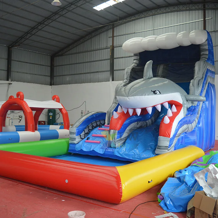 Commercial giant shark inflatable water slide with pool for sale