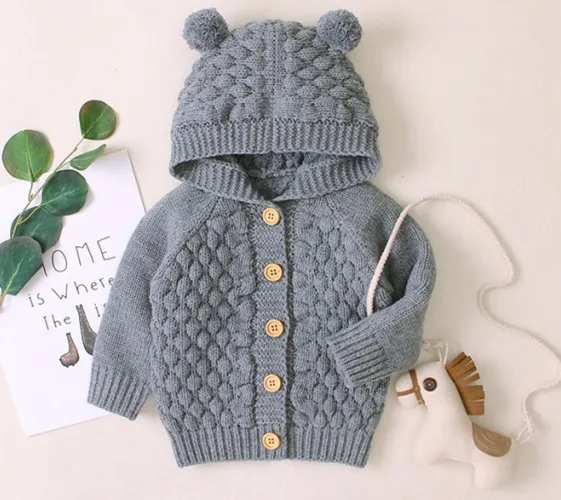 
fancy hoodie buttoned long sleeve knitting pattern unisex baby sweater 