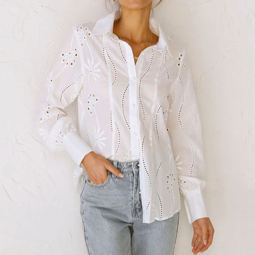 Women Collared Button Up Long Sleeve Floral Crochet Lace Cotton Embroidery Shirt Top