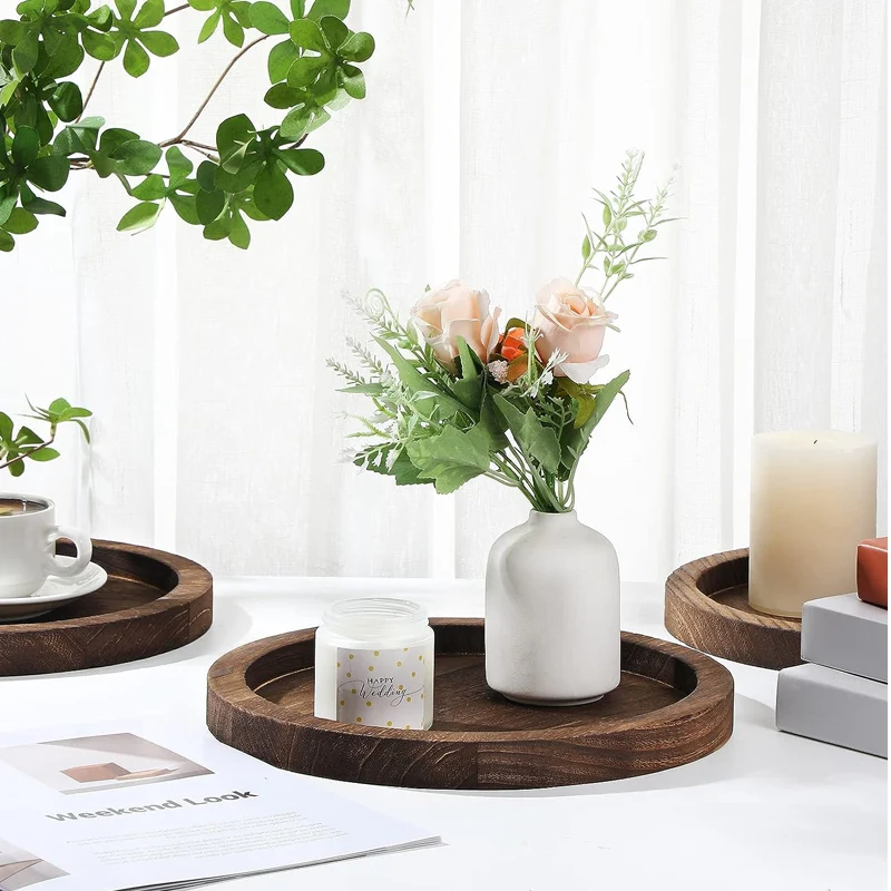 6 Pcs Farmhouse Wooden Tray Serving Round Tray Decorative Candle Holder Trays for Vintage Centerpiece Home Decor Coffee Table