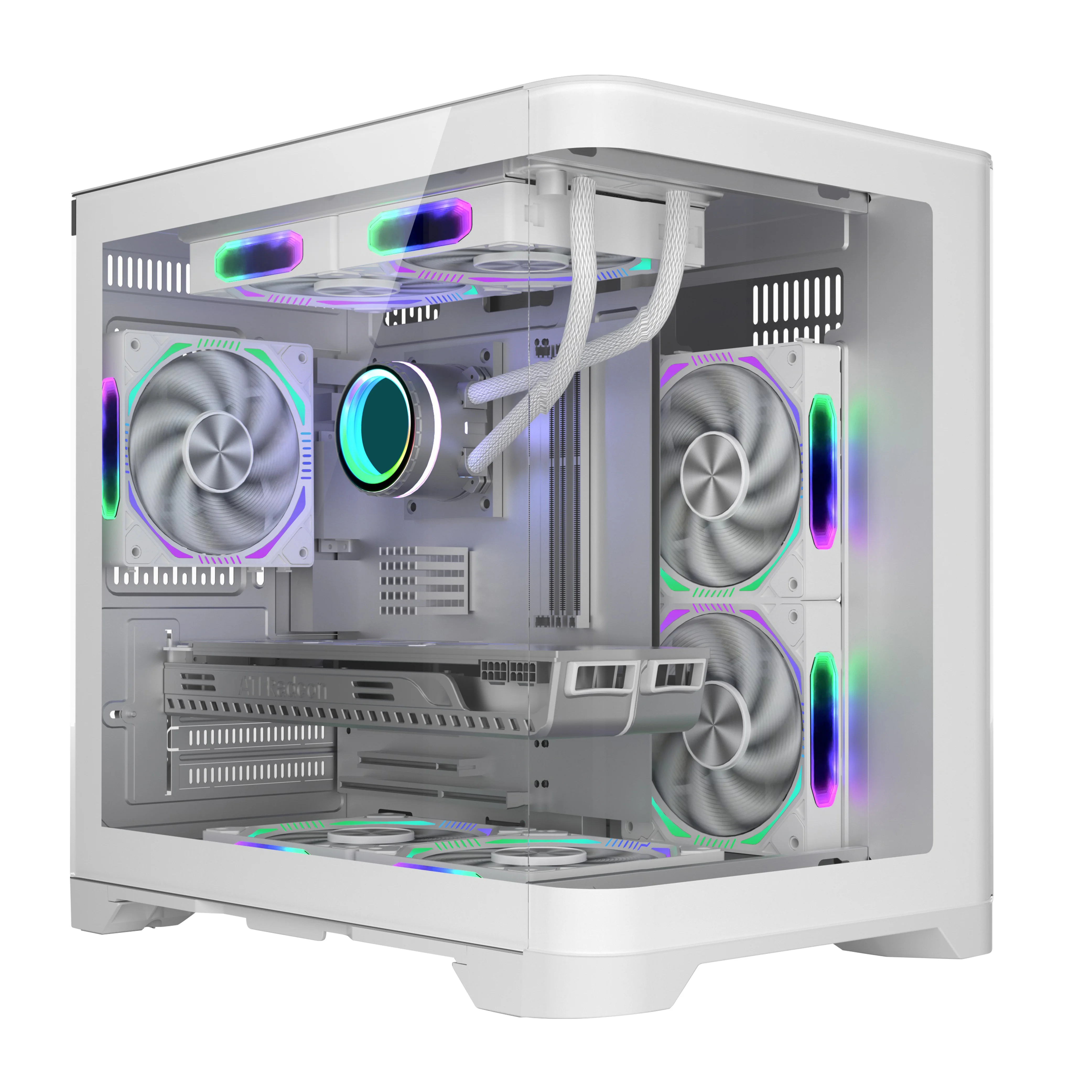full tower desktop with lcd  side glass white pc casing cpu cabinet atx acrylic cooling gaming computer case