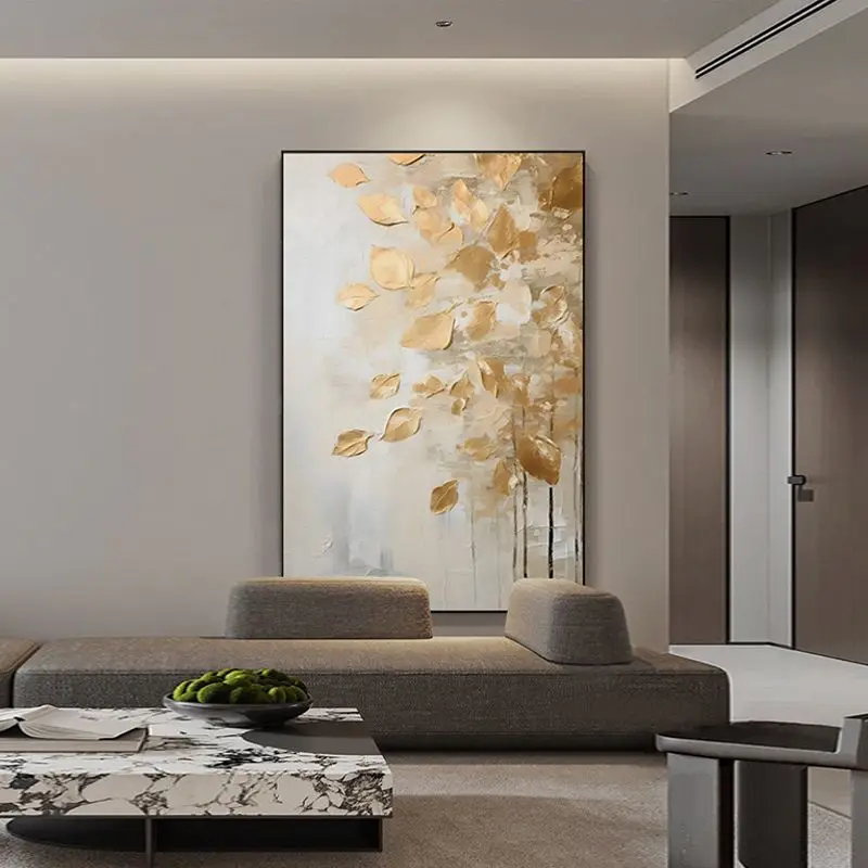 100% Hand-Painted Modern Canvas Large Modern Textured Artwork Gold Foil Leaves Pattern Original acrylic abstract oil painting