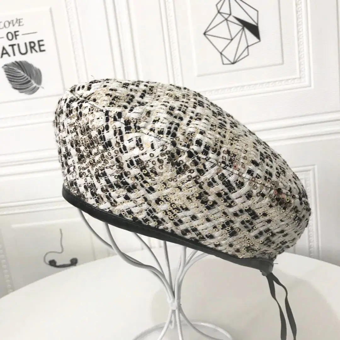 Customizable Women British Fashion Leisure Warmth Leather Hems Sequins Beret