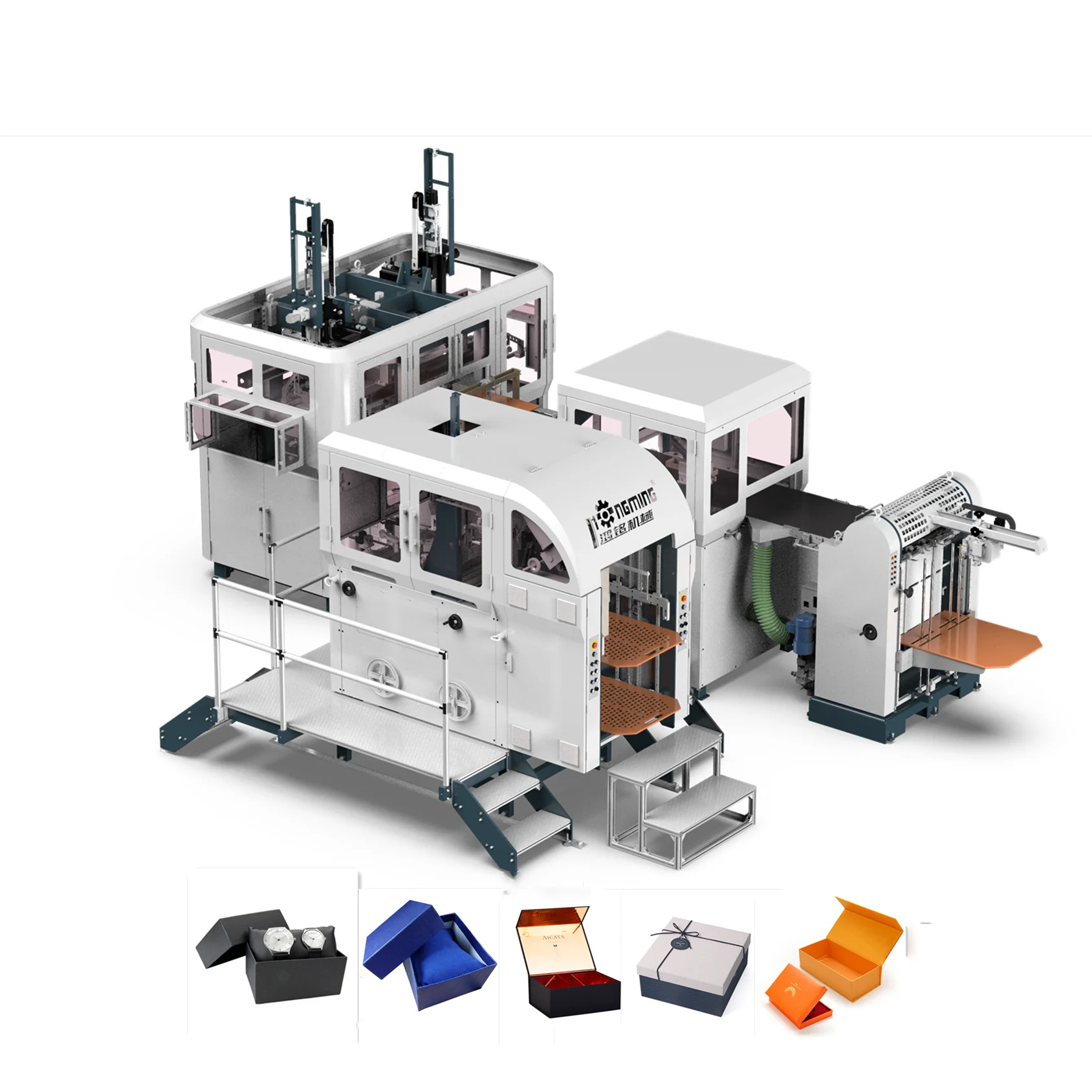 Automatic rigid box machine HM-ZD6418D Double Wrapper to Form Big Size Box in Mass Production Line