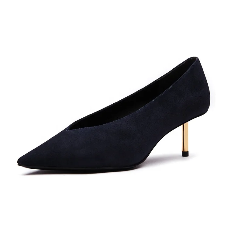 
Dark blue V shape shallow mouth suede leather ladies party pencil heel pointed toe shoes for women 
