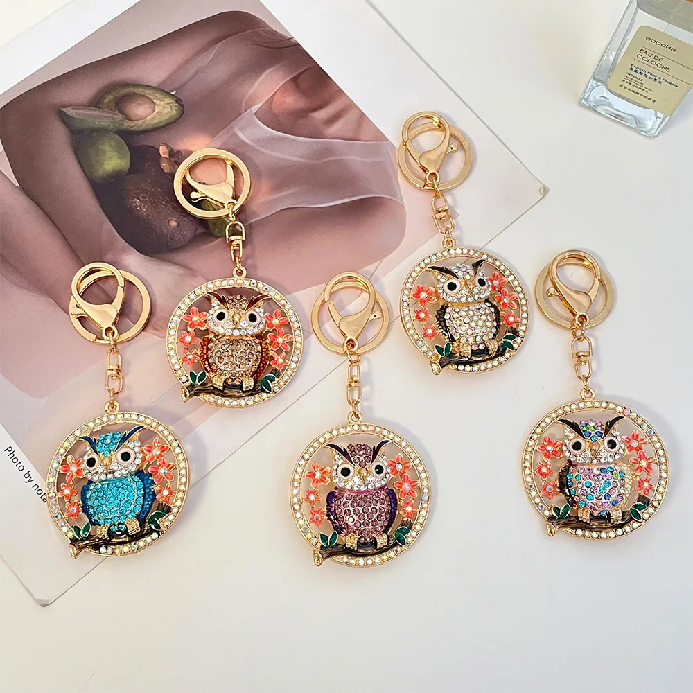 Wholesale Accessory Gold Animal Owl Shaped Key Ring Colorful Rhinestone Owl Key Holder Chain For Gift