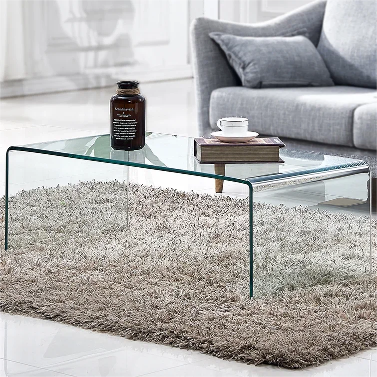Minimalist Furniture Living Room Center Luxury Rectangular Waterfall 12mm Clear Tempered Glass Coffee Table