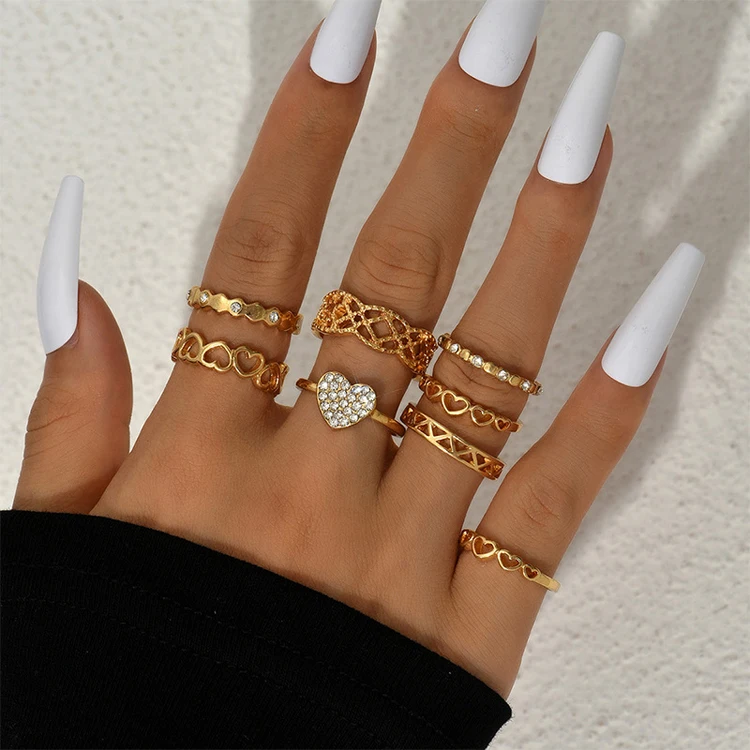 Simple Wholesale Combination Set Ring Fashion Personality Star Heart Crown Flower Rhinestone Ring Women