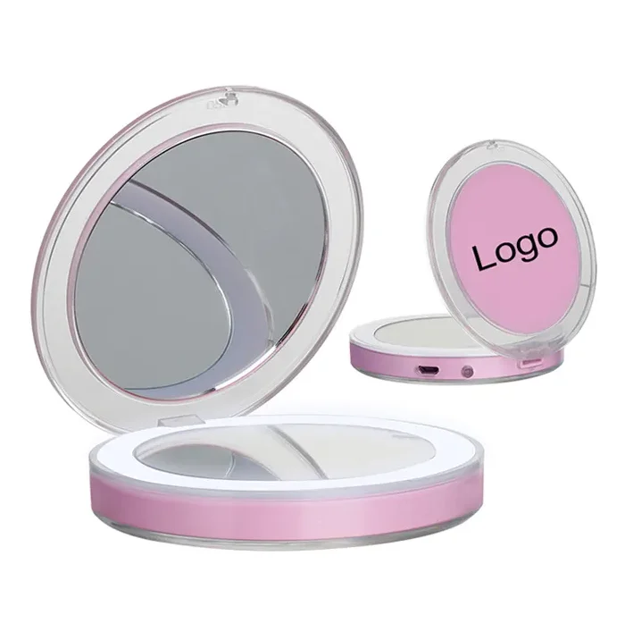 design unique makeup mirror mini length compact round pink foldable dual sided led mirror with light for bedroom