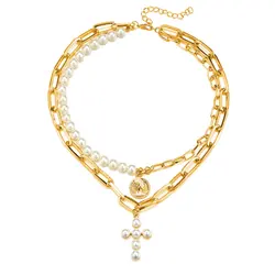 Queen Coin Pearl Cross Pendant Necklace Multilayer Baroque Pearl 18K Gold Plated Chunky Chain Pearl Cross Choker Necklace