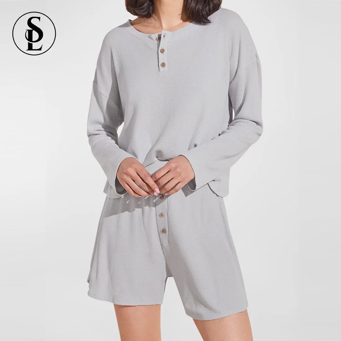 Wholesale Custom Logo Cotton Pj Set Long Sleeve Crop Top Waffle Pajama Set for Women