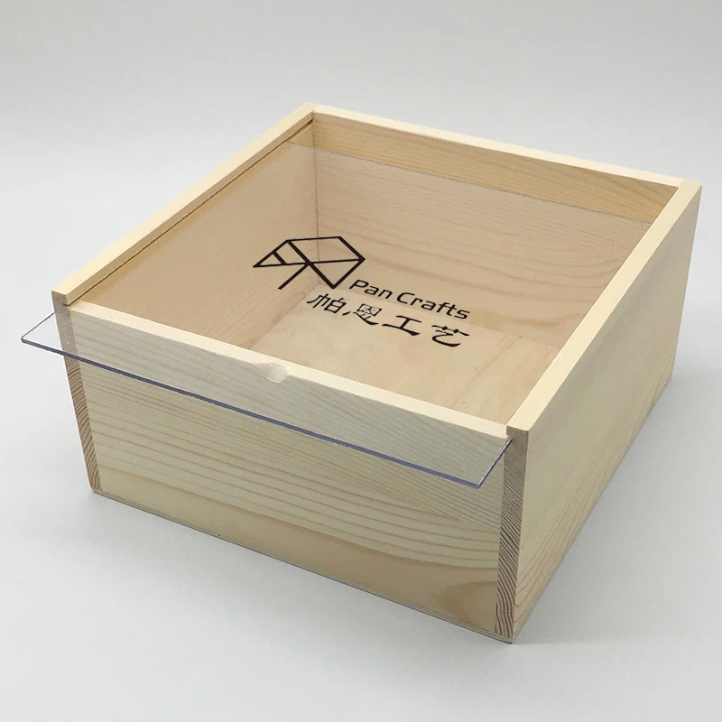 Plain empty natural pine solid wood box with transparent lid wooden gift box