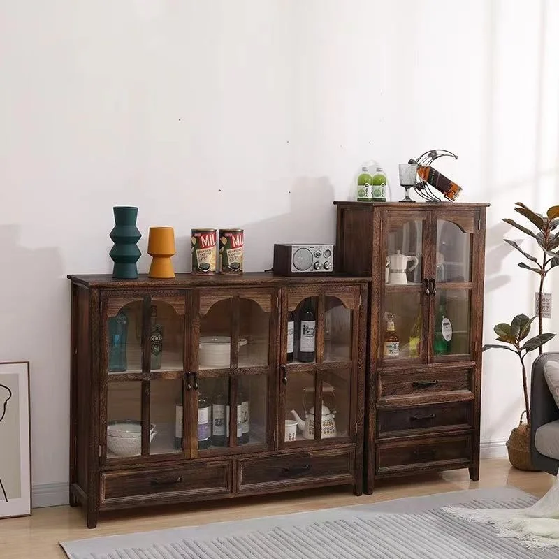 Living room solid wood wine cabinet bookcase American display cabinet against the wall vintage multifunctional storage cabinet