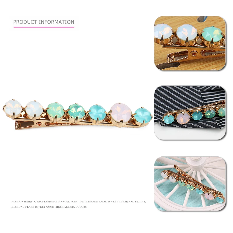 Lovely Round Crystal Hair Clips High Quality Metal Alligator Clip Colorful Rhinestone Opal Hair Clips for Girls