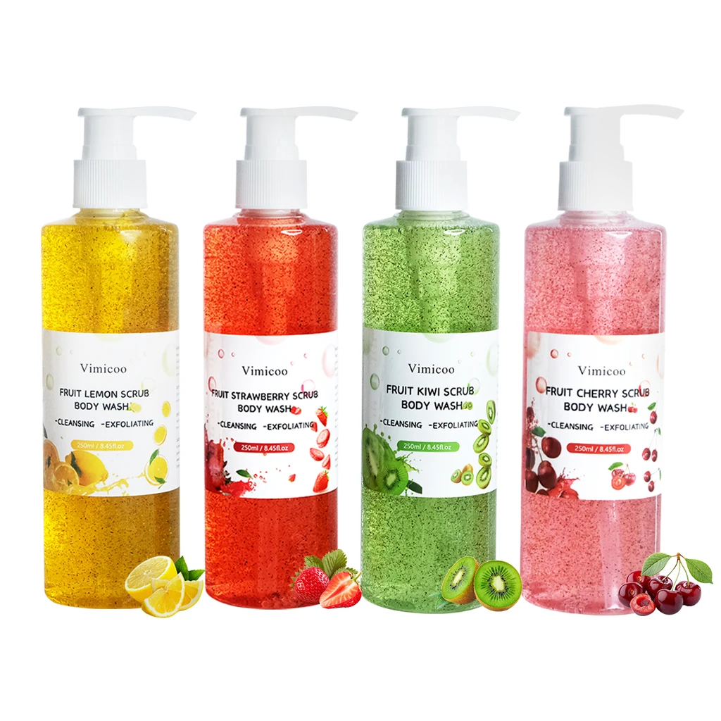 OEM ODM Fruit Flavor Body Care Bath Shower Gel Exfoliating Perfumed Refresh Strawberry Lemon Kiwi Cherry Scrub Body Wash Gel
