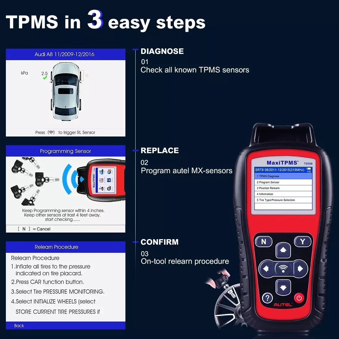 Autel OBD2 TPMS Programming Autel Maxitpms Autel TS501 TS508 TS508K Reset Tpms Diagnostic Scanner Tool With 8pcs Sensor