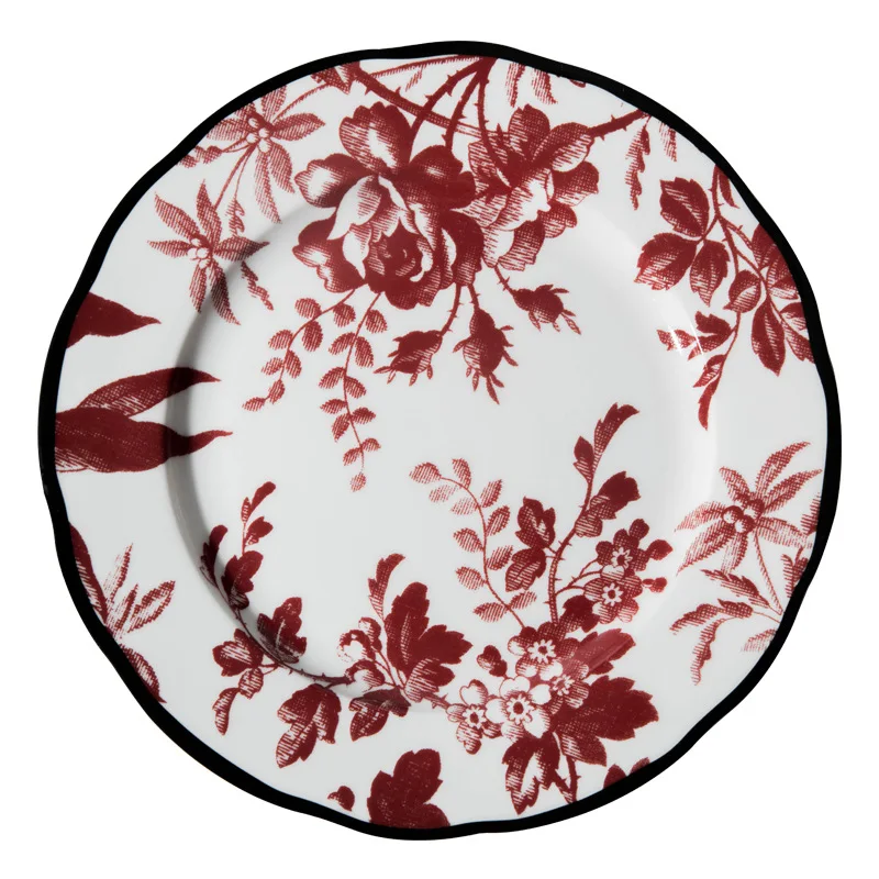 Factory direct sale waxy leaf printed ceramic plate light luxury dessert plate vintage ceramic dinner plate in stock