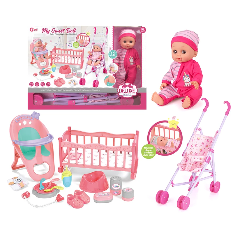 12 Sounds 14 Inch Drinking Water Pee Silicone Baby Reborn Doll Stroller Pretend Play Toys for Kids Girls Dolls Accessories Toys