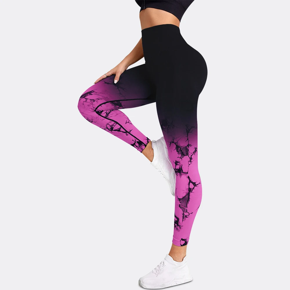Fitness Gym Workout Leggings Bottoms  Violet Pink Blue Spandex Sports Activewear High Elasticity Skinny Tie Dyed Leggings