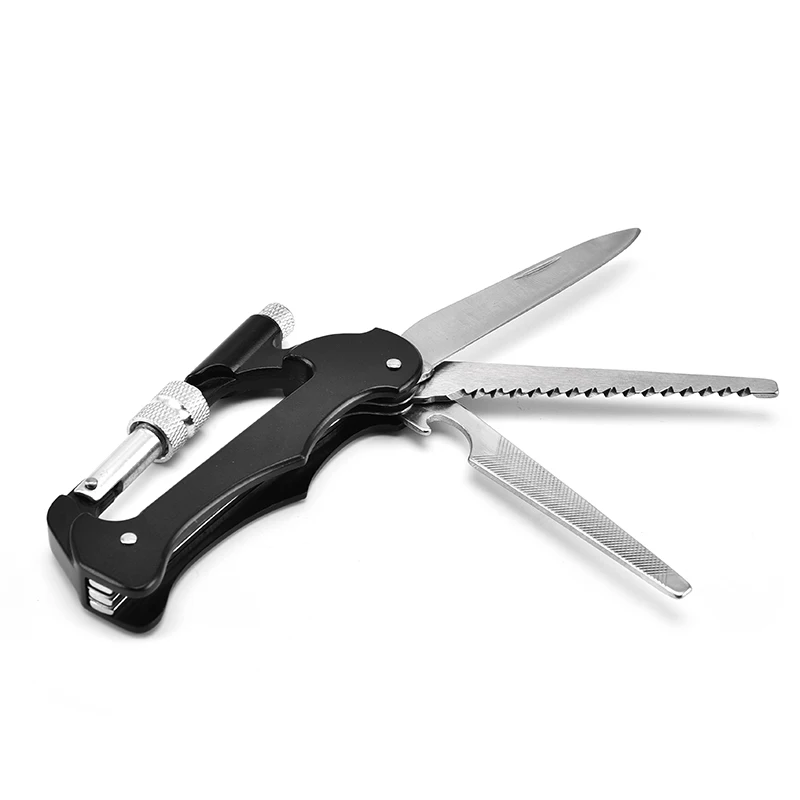 Aluminum 5 in 1 Multi-Function Mountaineering Carabiner with Knife & LED & lamp saw for Outdoor Camping