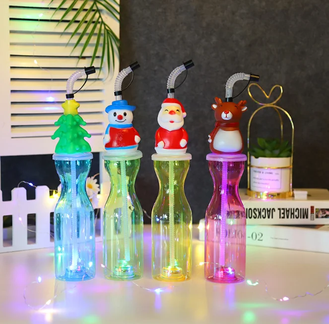 Christmas holiday red santa Claus snowman kids cup christmas reusable elf plastic head 500ml 16OZ drinking bottles