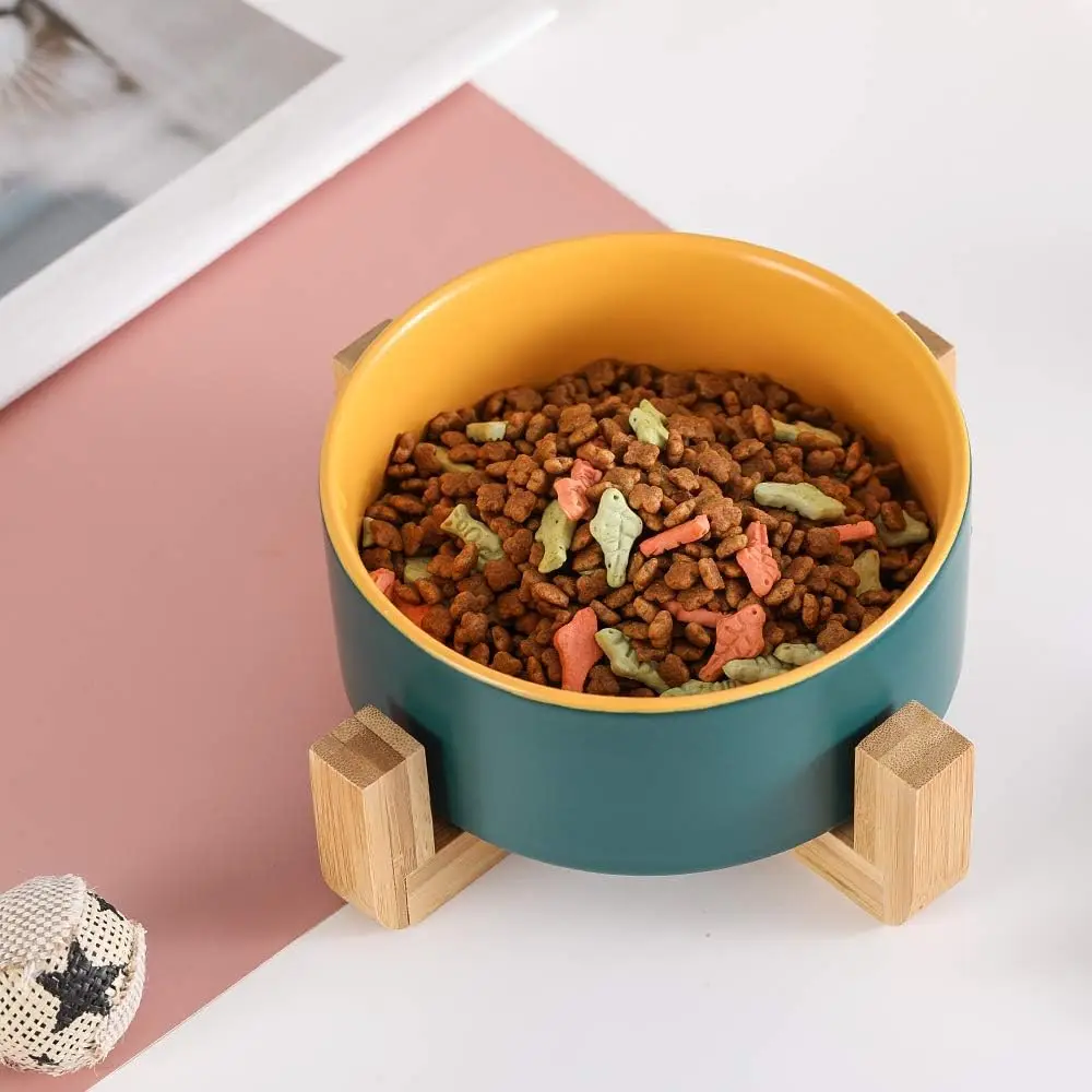 Bright Colored Ceramic Cat Dog Feeding Bowl Wooden Bowl Holder Handmade Fashion Bamboo Wooden Pet Feeder