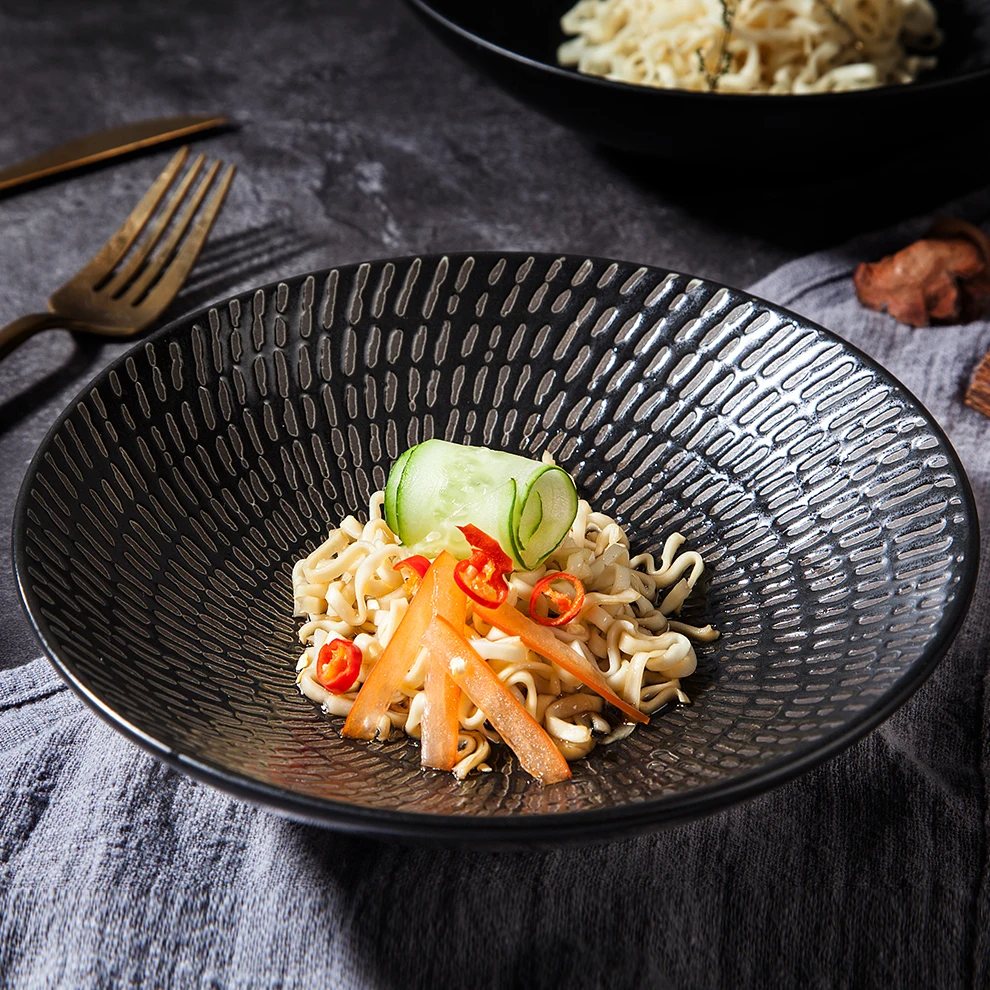 Factory Direct Wholesale Japanese Style Ceramic Stone Noodle Bowl Matte Black Porcelain Ramen Bowls