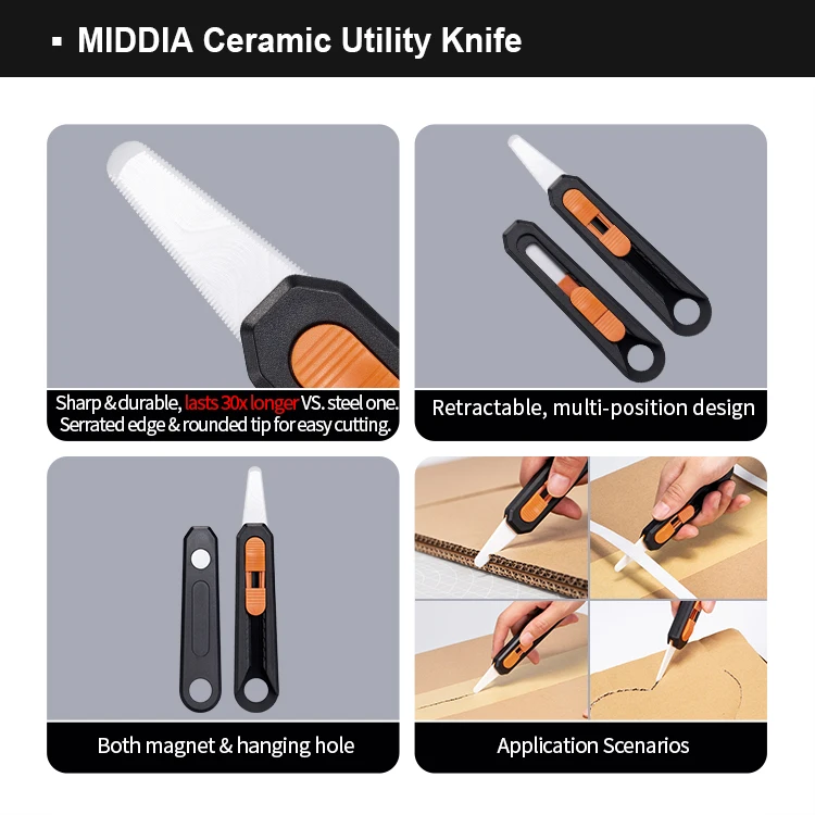 MIDDIA Ceramic Safety snap off Cardboard Box Cutter With  Box Opener Knives utility knife 25mm