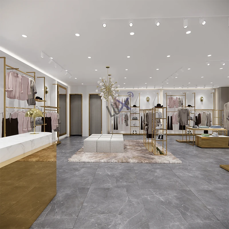LUX Customized Factory Custom Ladies Clothes Store Fixtures With Golden Clothing racks for clothing store women