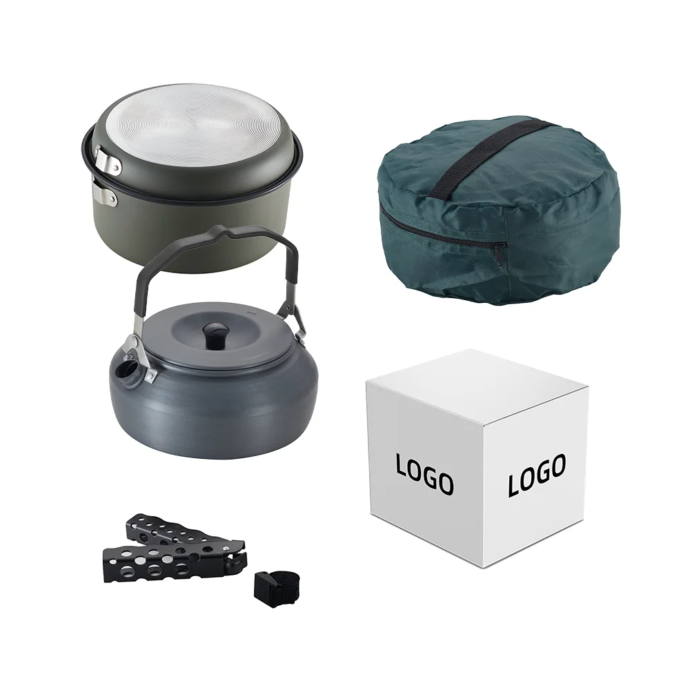 High Quality Picnic Portable Pot Pan Kettle 3 in 1 Aluminum Camping Cooking Set Family With Custom Logo