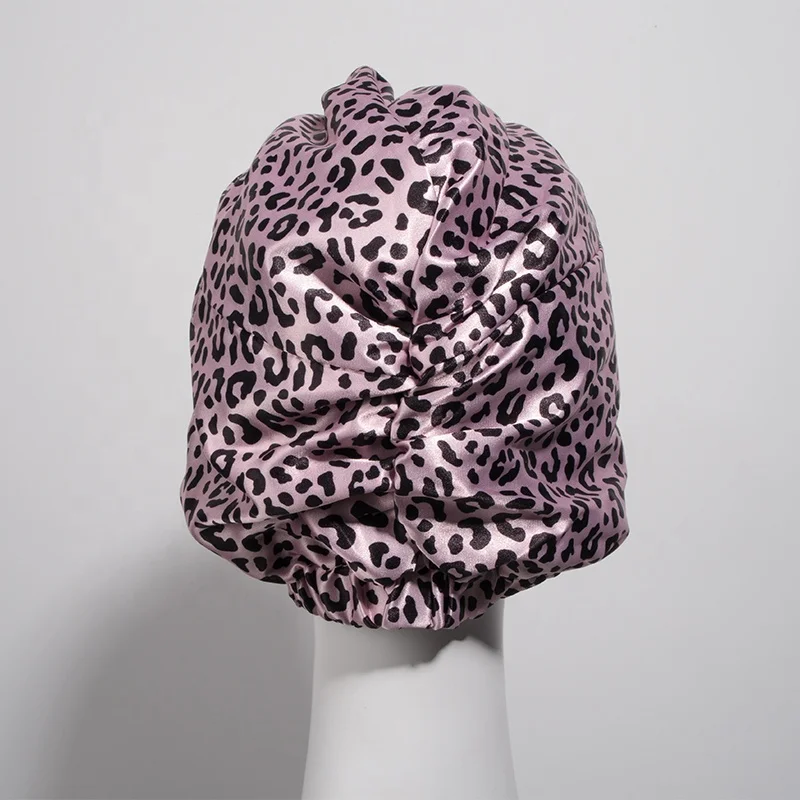 Custom double layer bonnet Knotted sleep caps Leopard silk satin turban