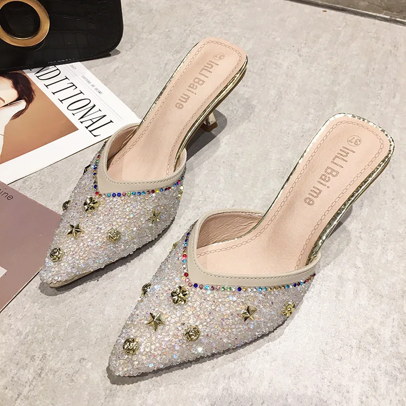 Fashion Summer And Autumn Women Pumps Low Heel Flat Pointed Toe Pearl Rhinestone Solid Color Half Slippers Mules