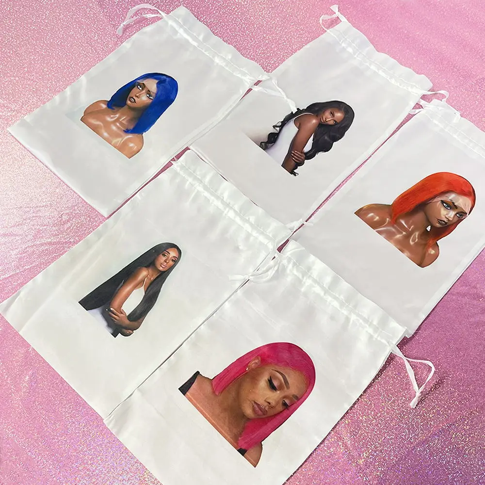 Custom branded human hair extension storage pouch wig, packaging satin bags black drawstring, bundle hair bags for bundles